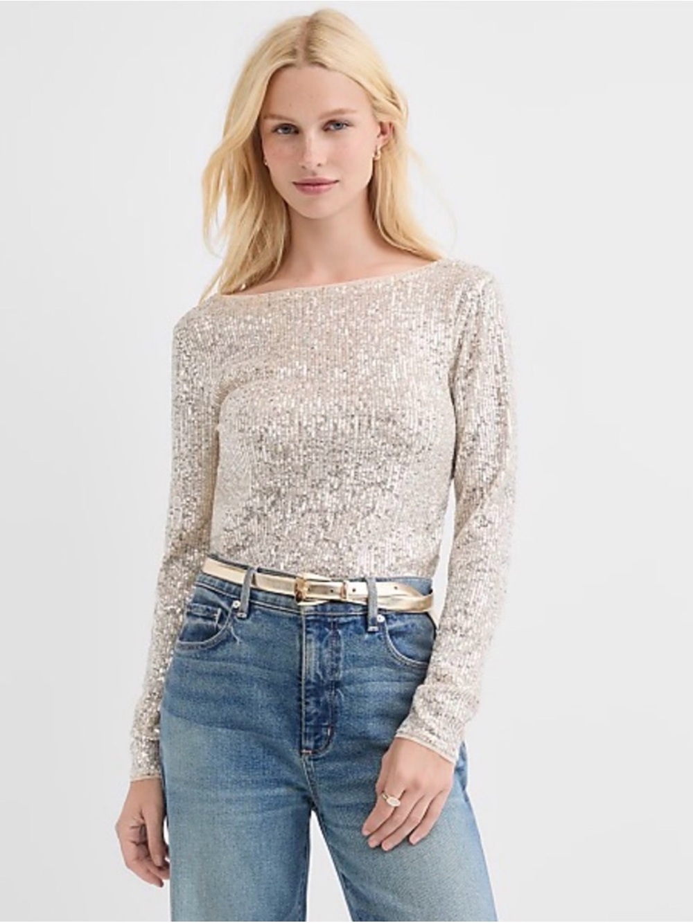 LOFT Sequin Long-Sleeve Boatneck Top - Silver